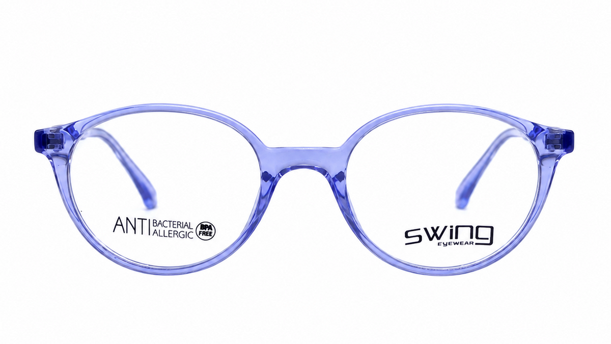 Light blue translucent round eyeglass frames with 'swing eyewear' branding on the right lens and 'ANTI BACTERIAL KALLERGEN' on the left lens, shown against a plain white background.