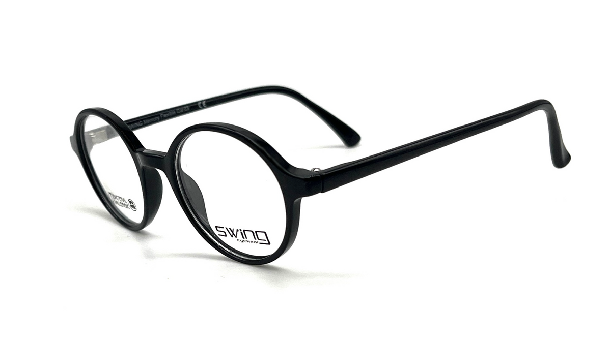 Black round-frame eyeglasses with clear lenses and the brand name 'swing' printed on the lower right rim, shown on a clean white background.