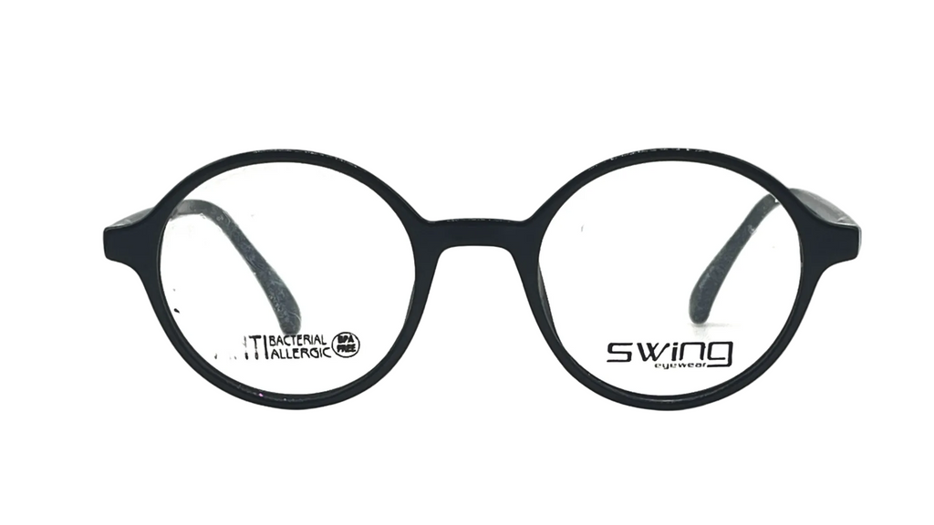 Black round eyeglass frames with clear lenses, featuring the 'swing' brand logo on the right lens and 'TITANIUM HALEKSO' on the left lens, shown against a plain white background.