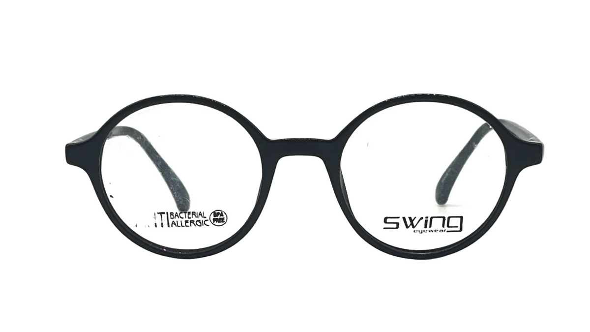 Black round eyeglass frames with clear lenses, featuring the 'swing' brand logo on the right lens and 'TITANIUM HALEKSO' on the left lens, shown against a plain white background.
