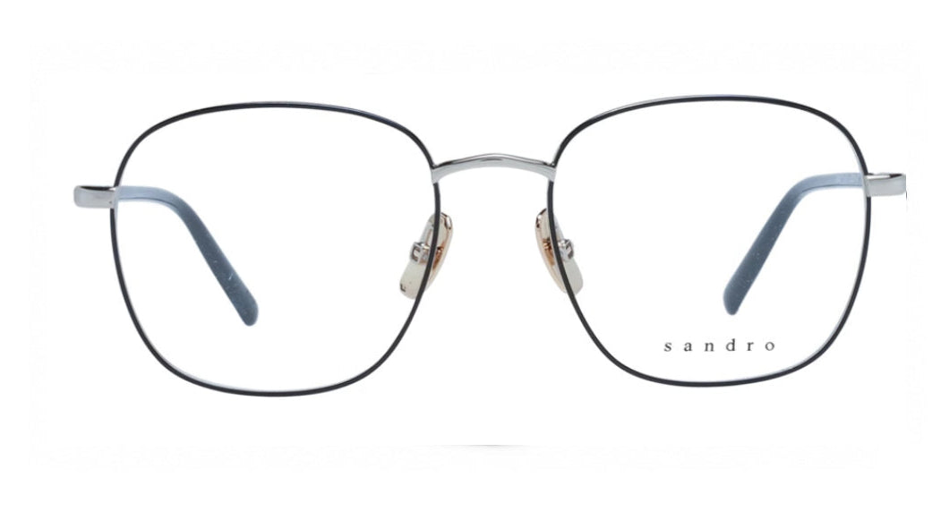 Oversized square eyeglasses with a thin black metal frame, silver nose pads, and light blue acetate temple tips, shown against a plain white background.