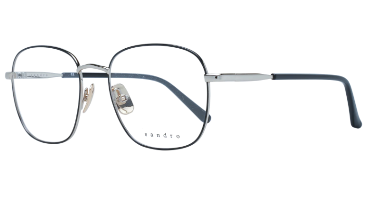 Sandro square eyeglasses with a thin silver metal frame, dark gray acetate trim, and matching dark gray temples, shown on a plain white background.