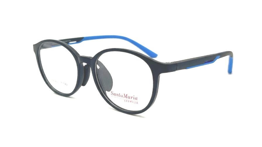 Round-frame eyeglasses with a matte black frame and bright blue temple tips, featuring the Santa Maria Studio logo printed on the lens, set against a plain white background.