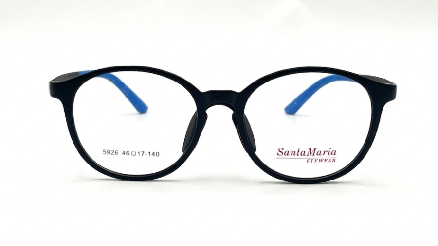 A pair of Santa Maria Eyewear round eyeglasses with a matte black frame and blue temple tips, shown on a clean white background.