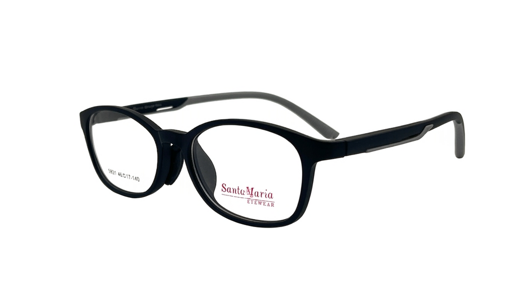 Black full-rim eyeglasses with a matte finish and gray temple tips, shown on a plain white background. The brand name 'Santa Maria Eyewear' is printed in red on the lens.