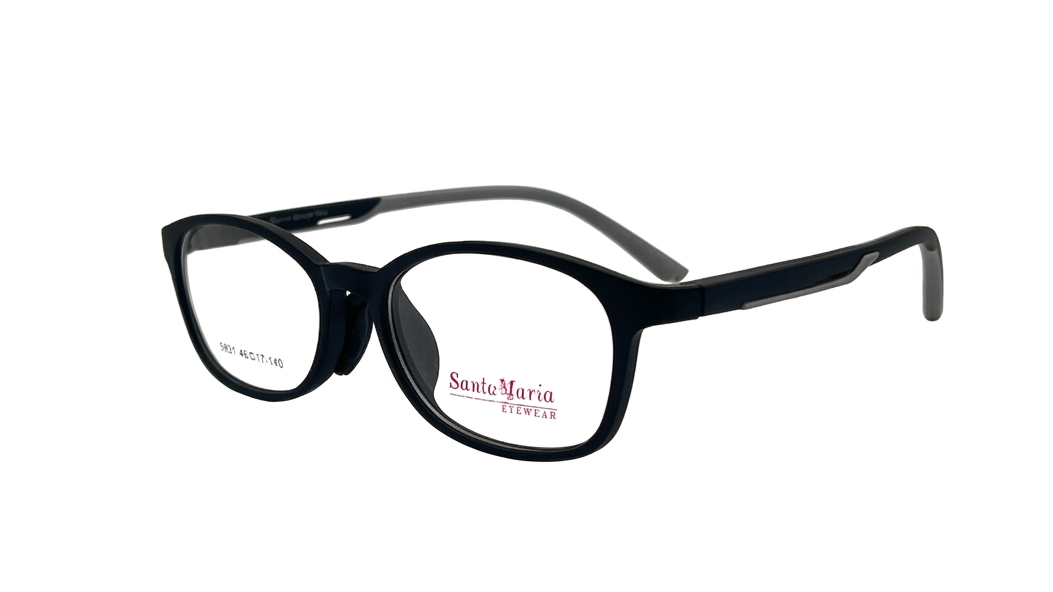 Black full-rim eyeglasses with a matte finish and gray temple tips, shown on a plain white background. The brand name 'Santa Maria Eyewear' is printed in red on the lens.