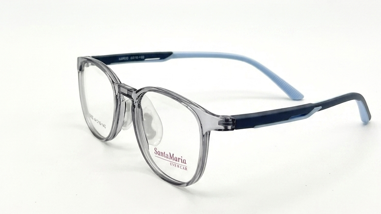 Santa Maria Super A optical eyeglasses with a translucent gray acetate frame and dark navy blue temples with light blue tips, shown on a white background.