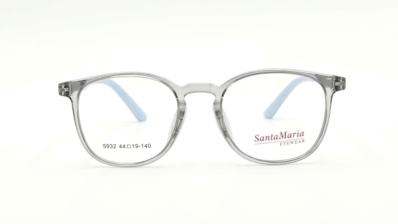A pair of Santa Maria Cristale eyeglasses with a translucent smoky gray acetate frame and light blue inner temple arms, shown against a plain white background.
