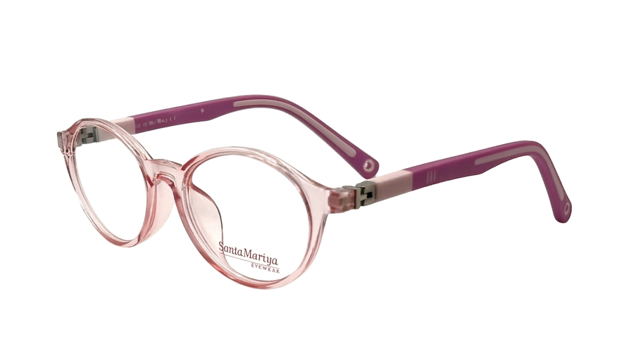 Oval eyeglasses with translucent pink frames and purple temples, shown on a plain white background.
