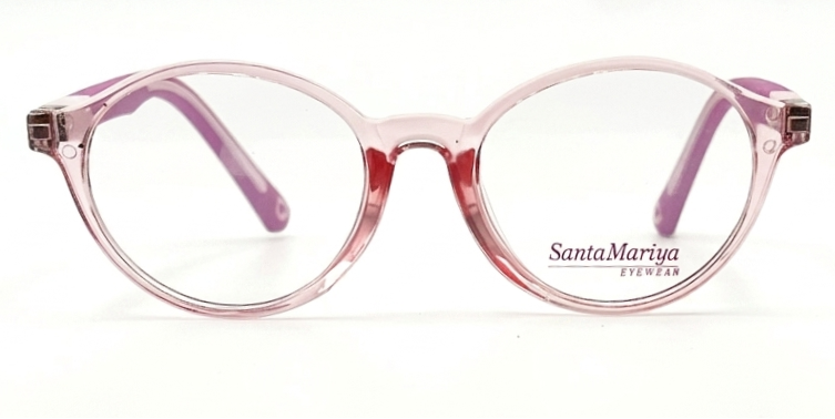 Oval eyeglasses with a translucent pink frame and purple temple tips, featuring the SantaMariya EYEWEAR logo on the lower right lens, set against a plain white background.