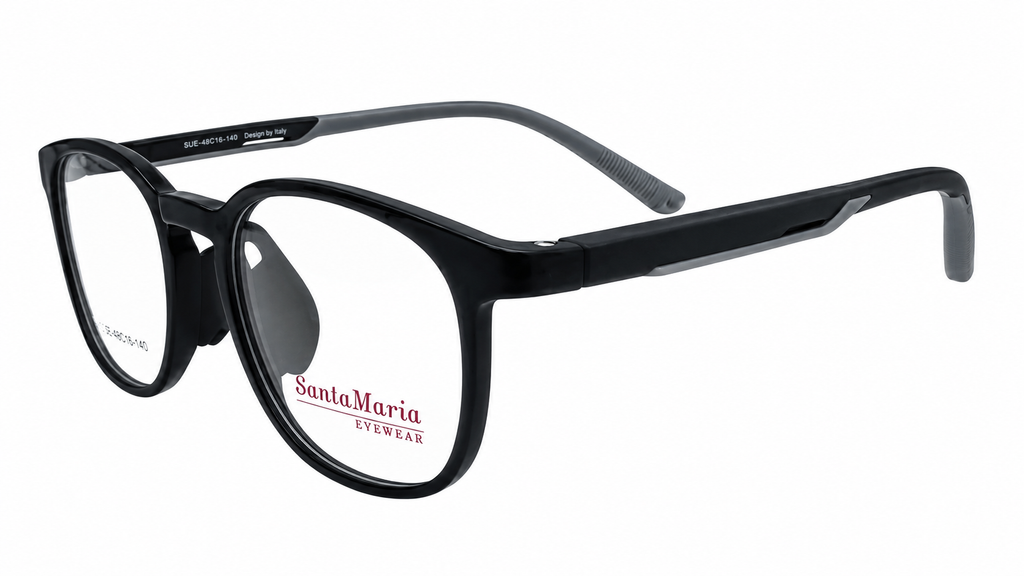 Black round eyeglasses with gray temples and clear lenses, featuring the Santa Maria Eyewear logo on the lower left lens.