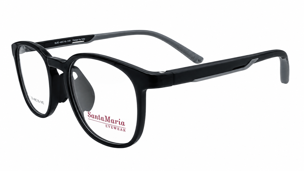 Black round eyeglasses with gray temples and clear lenses, featuring the Santa Maria Eyewear logo on the lower left lens.