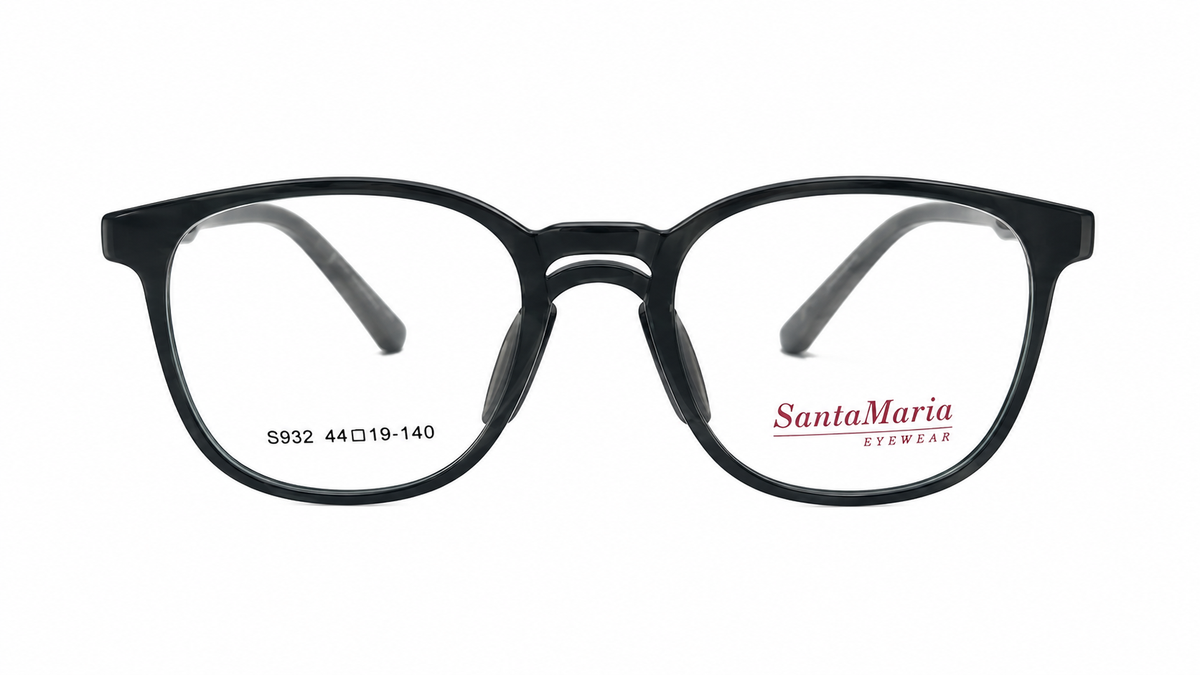Black full-rim eyeglasses with a double bridge and clear lenses, shown from the front on a white background. The brand name Santa Maria Eyewear is printed on the right lens, and the model number S932 is printed on the left lens.