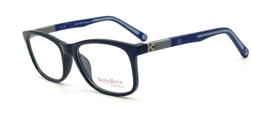 A pair of Santa Maria Eyewear rectangular eyeglasses with a dark navy acetate frame and blue temples, shown on a clean white background.