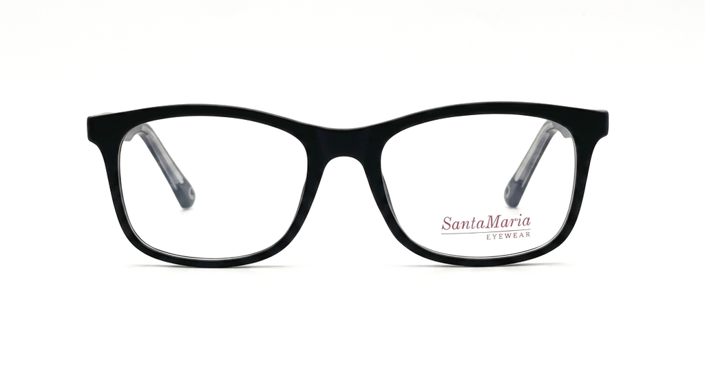 Black full-rim eyeglass frames with clear lenses and Santa Maria Eyewear branding printed on the lower right lens, shown against a plain white background.