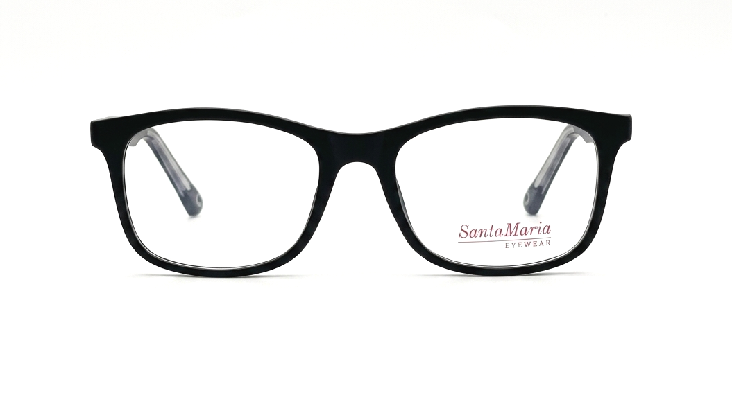 Black full-rim eyeglass frames with clear lenses and Santa Maria Eyewear branding printed on the lower right lens, shown against a plain white background.