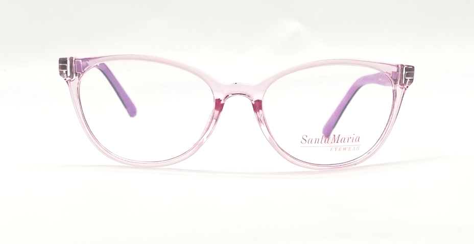 A pair of Santa Maria Firenze eyeglasses with a translucent light pink frame and purple temple tips, shown against a plain white background.
