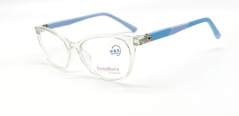 Clear acetate cat-eye eyeglasses with light blue temple tips and silver metal hinges, featuring the Santa Maria Eyewear logo on the lower left lens.