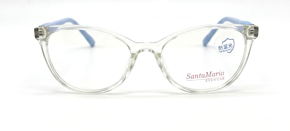 Clear plastic cat-eye eyeglasses with light blue temple tips and 'SantaMaria' branding on the right lens, shown on a white background.