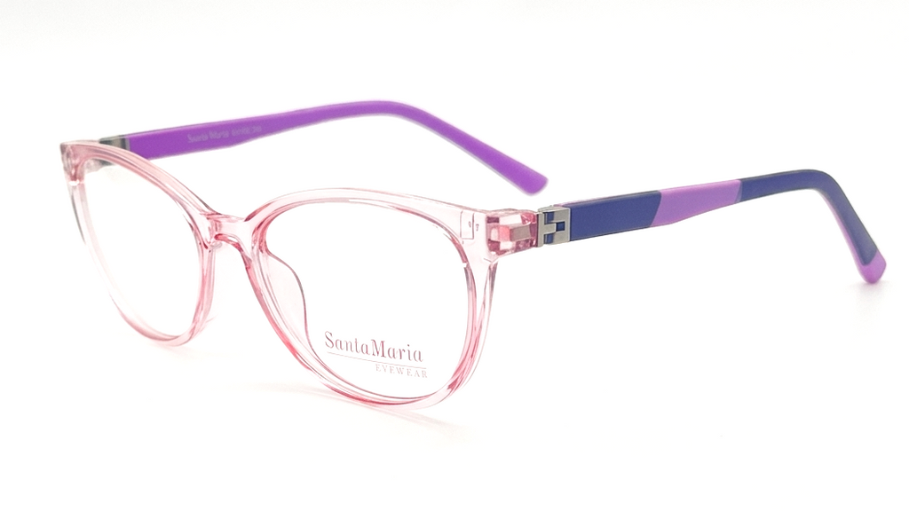 A pair of cat-eye eyeglasses by Santa Maria di Milano, featuring translucent pink frames and purple and blue temples, shown on a clean white background.