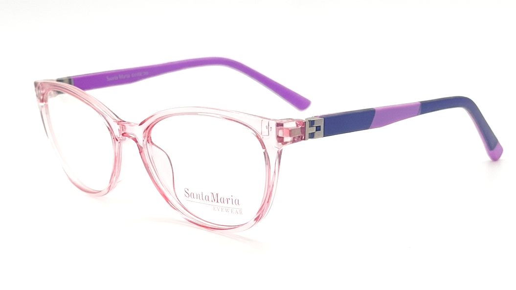 A pair of cat-eye eyeglasses by Santa Maria di Milano, featuring translucent pink frames and purple and blue temples, shown on a clean white background.