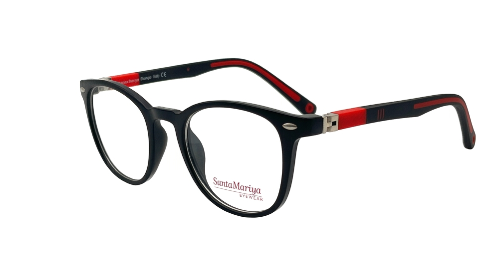 A pair of round-frame eyeglasses with a glossy black acetate front and temples featuring a red stripe accent, shown on a plain white background.