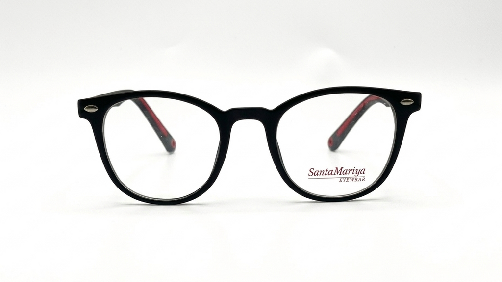Black cat-eye eyeglasses with clear lenses and red inner temple tips, shown on a white background. The brand name SantaMariya eyewear is printed on the lower right lens.