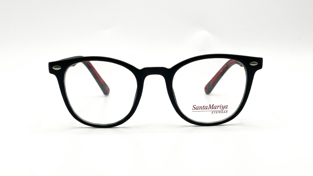 Black cat-eye eyeglasses with clear lenses and red inner temple tips, shown on a white background. The brand name SantaMariya eyewear is printed on the lower right lens.
