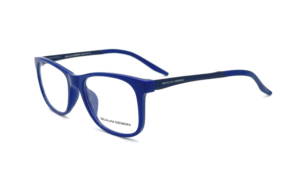 Blue rectangular eyeglass frames with clear lenses and 'SCALING DESIGN' printed on the inner side of the temples, shown on a white background.