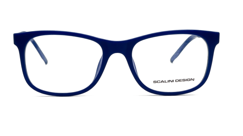 A pair of rectangular eyeglasses with a thick, glossy dark blue frame and clear lenses, featuring the brand name 'SCALINI DESIGN' printed on the lower right lens, set against a plain white background.
