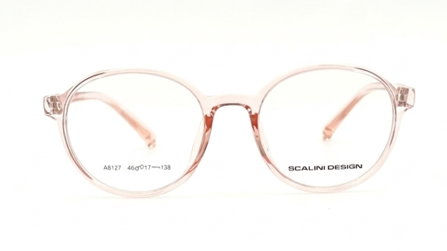 Round eyeglasses with translucent pale pink frames and clear lenses, featuring the brand name 'SCALINI DESIGN' printed on the lower right side of the frame, set against a plain white background.