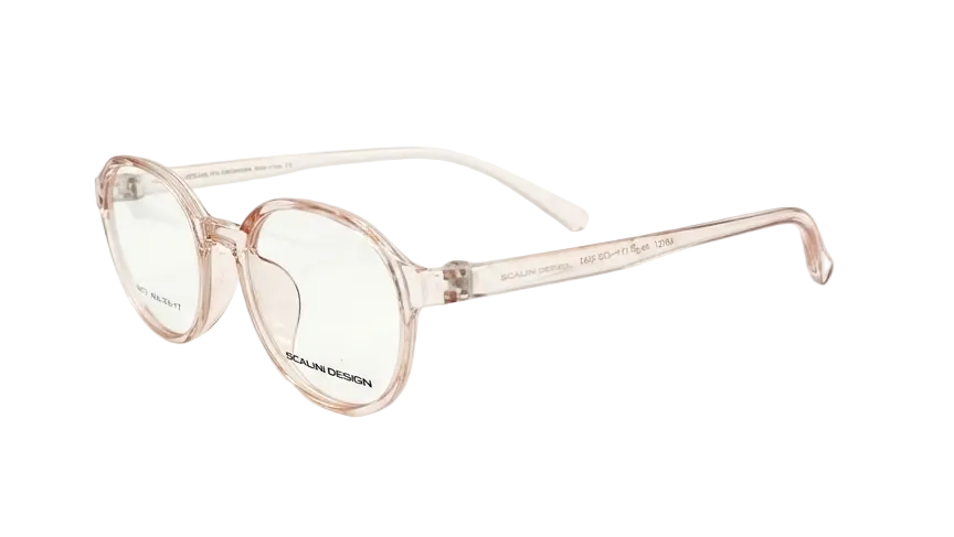 A pair of round-frame eyeglasses with translucent light pink frames and clear lenses, shown on a clean white background.