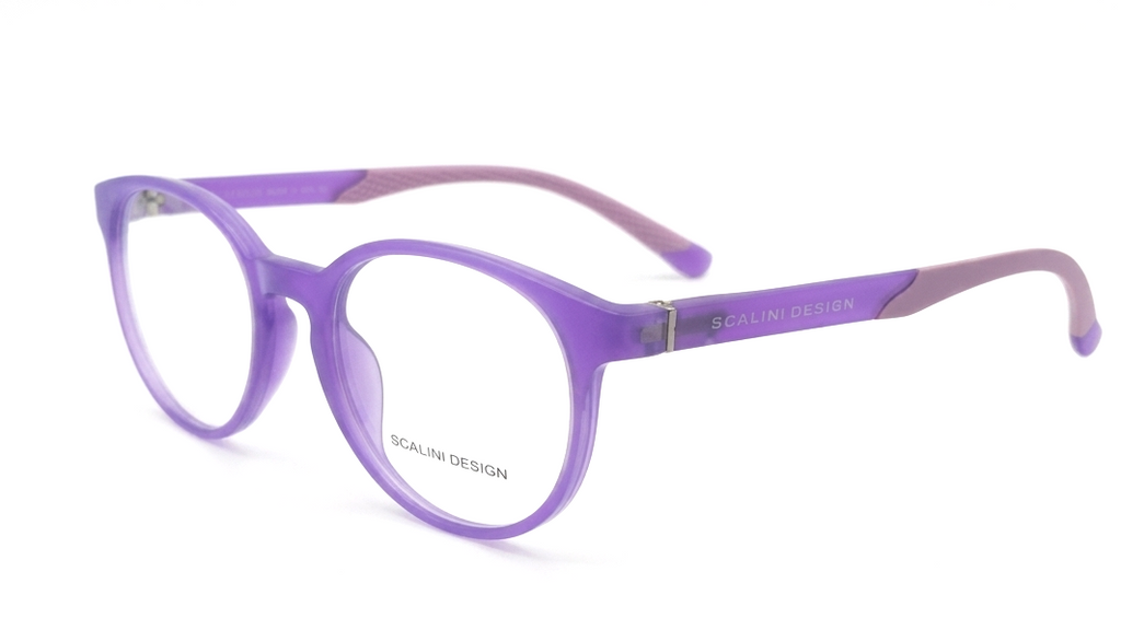 Purple round eyeglass frames with translucent purple acetate and a lighter lavender temple, featuring the brand name 'SCALINI DESIGN' printed on the lens and temple.