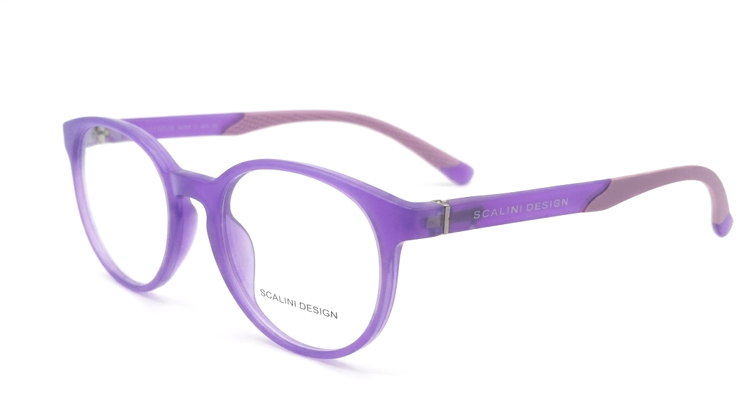 Purple round eyeglass frames with translucent purple acetate and a lighter lavender temple, featuring the brand name 'SCALINI DESIGN' printed on the lens and temple.