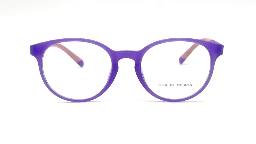 A pair of round-frame eyeglasses with a translucent purple frame and pinkish-tinted temples, shown from the front on a white background. The brand name 'SCALINI DESIGN' is printed on the lower right lens.