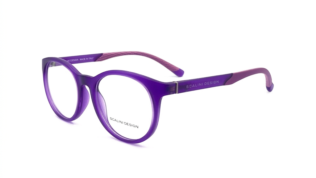 Purple round eyeglasses with clear lenses and matching purple temple arms, shown on a clean white background. The brand name 'SCALINI DESIGN' is visible on the temple arm.