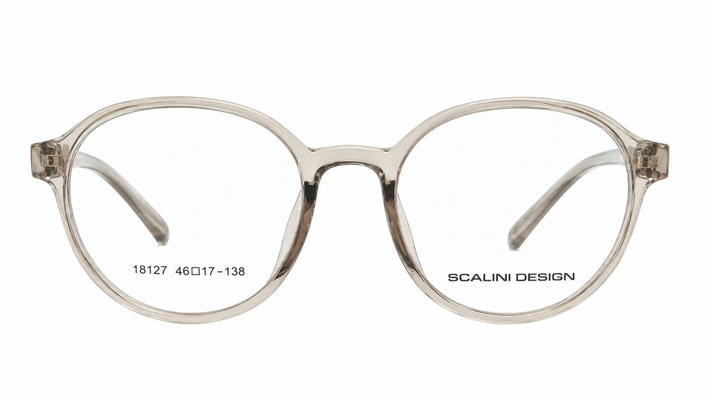 Round eyeglasses with a translucent smoky clear acetate frame and clear lenses, featuring the brand name 'SCALINI DESIGN' printed on the lower right side of the lens.