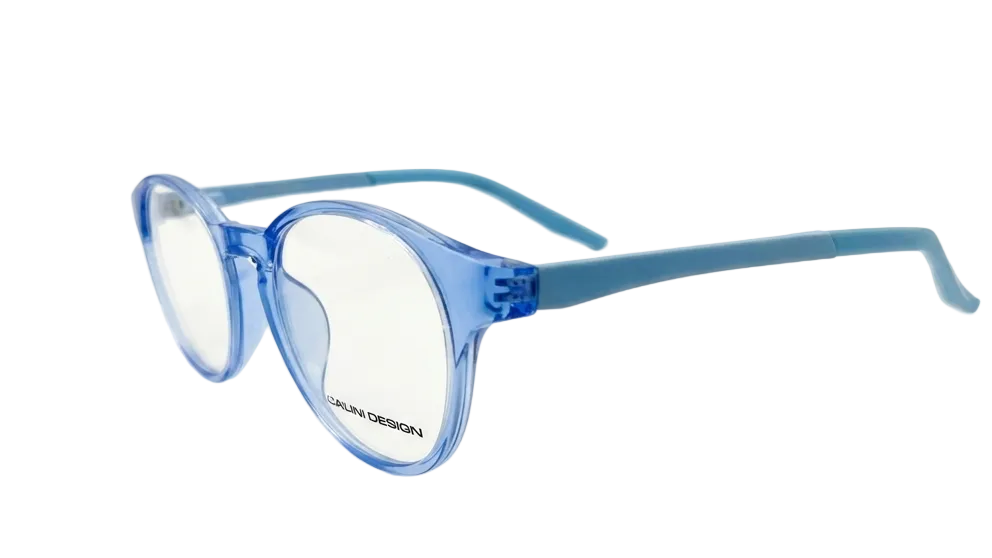 Blue translucent round eyeglass frames with clear lenses and blue temple arms, photographed on a clean white background.