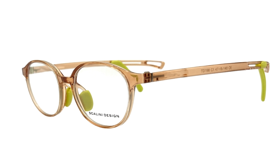 Oversized round eyeglasses with a translucent rose gold metal frame, lime green nose pads, and green temple tips, shown on a plain white background.