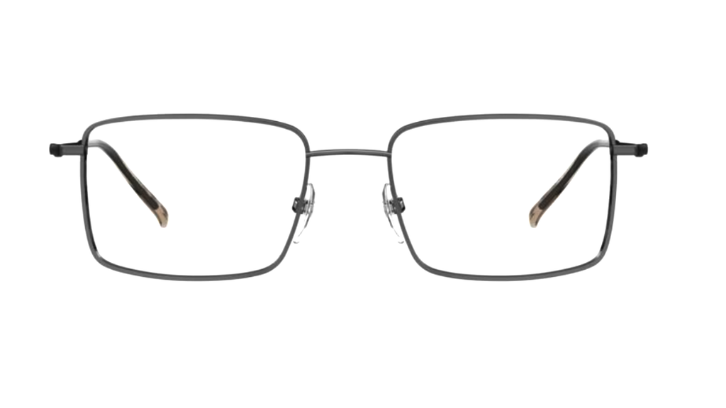 A pair of square metal eyeglass frames in a dark gunmetal gray finish, shown from the front on a plain white background.
