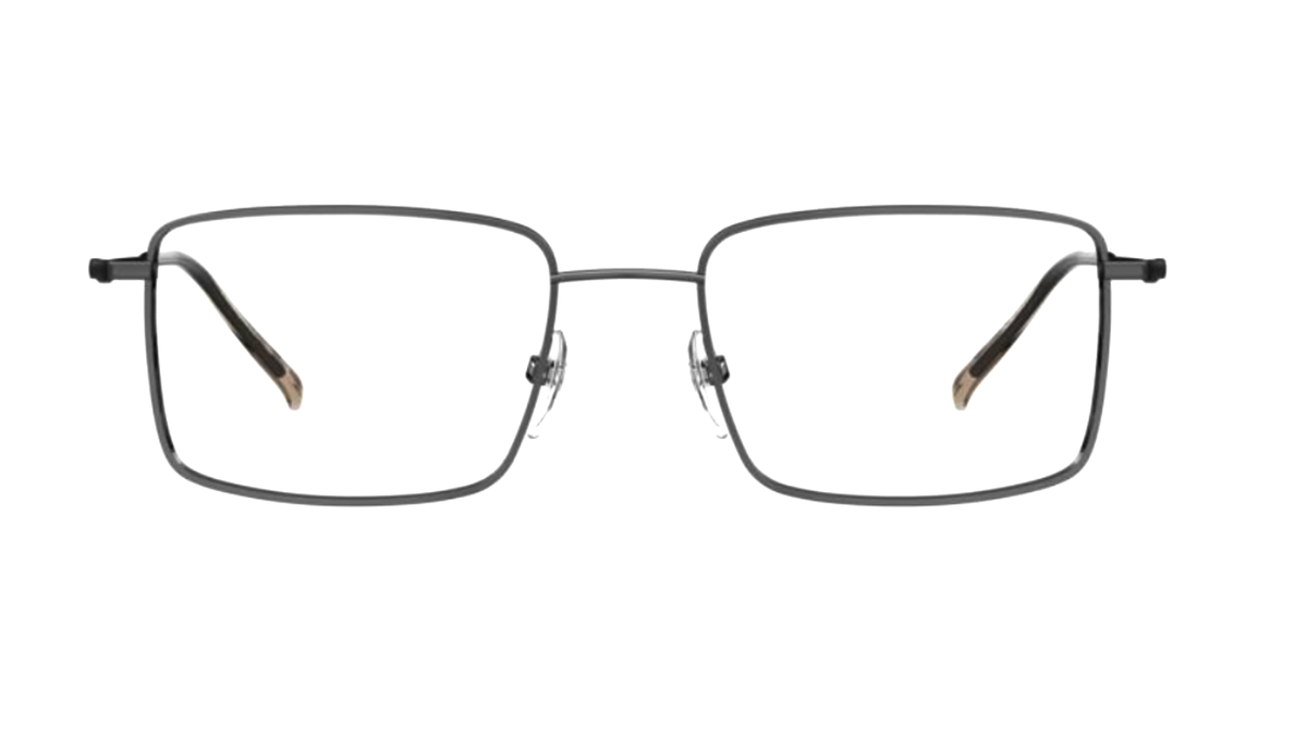 A pair of square metal eyeglass frames in a dark gunmetal gray finish, shown from the front on a plain white background.
