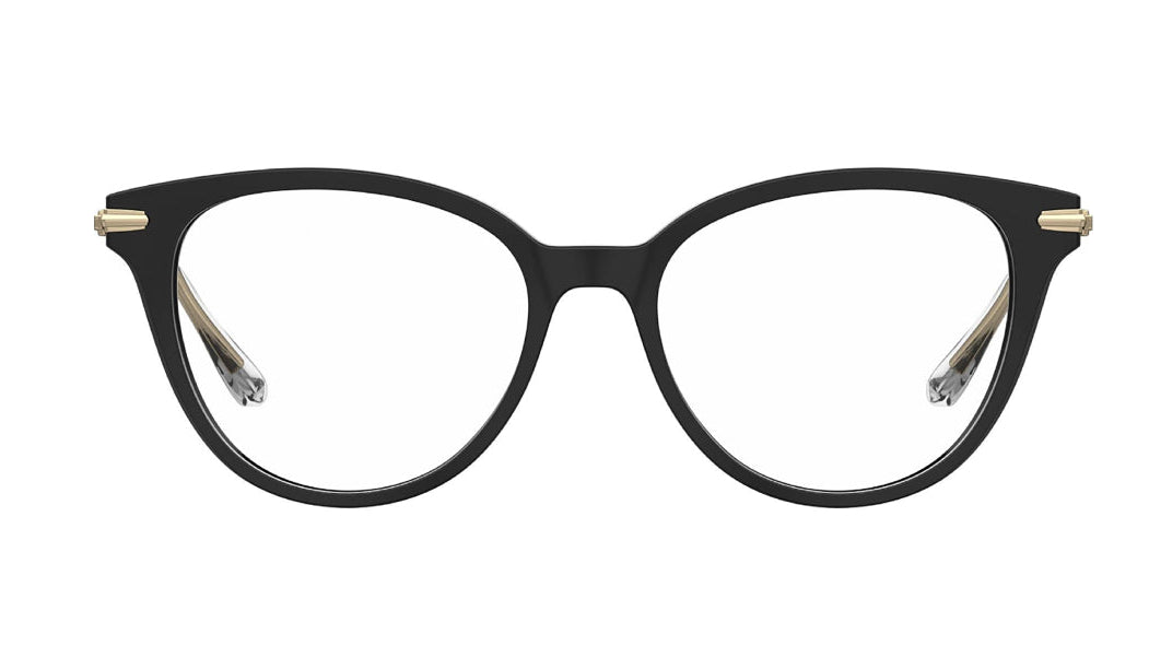 Black cat-eye eyeglasses with gold metal accents on the temples, shown against a plain white background.