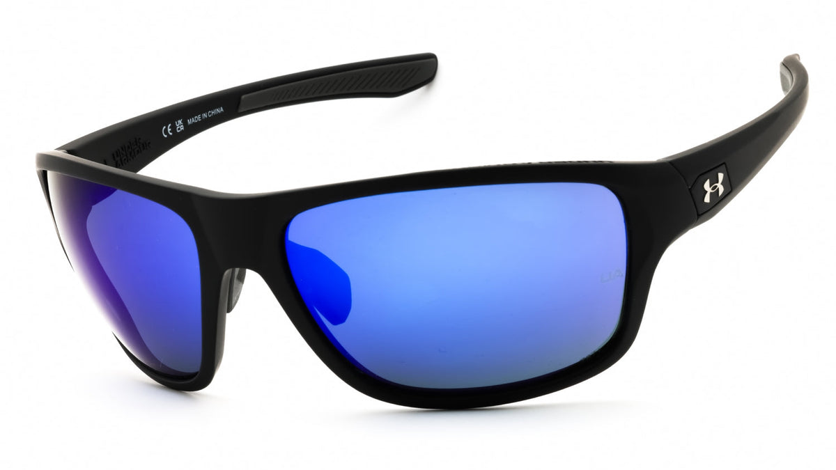 Black sunglasses with blue lenses on a white background