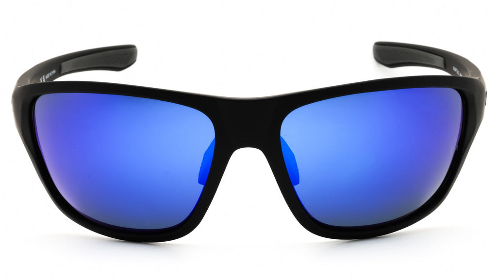 Black sunglasses with blue lenses on a white background