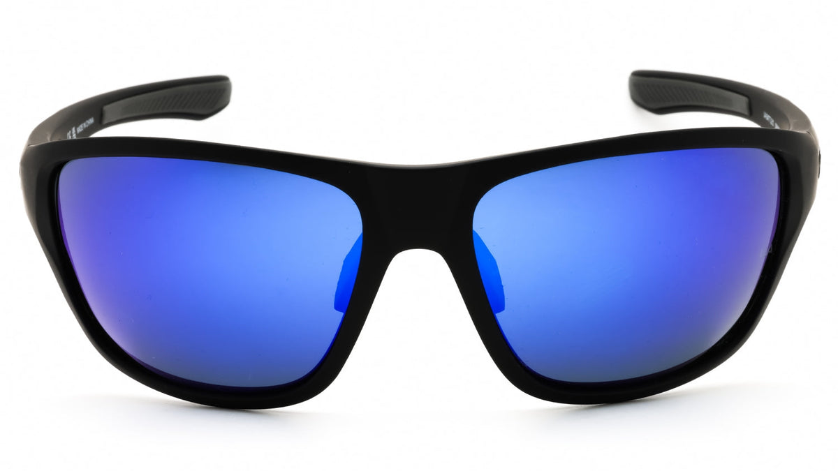Black sunglasses with blue lenses on a white background