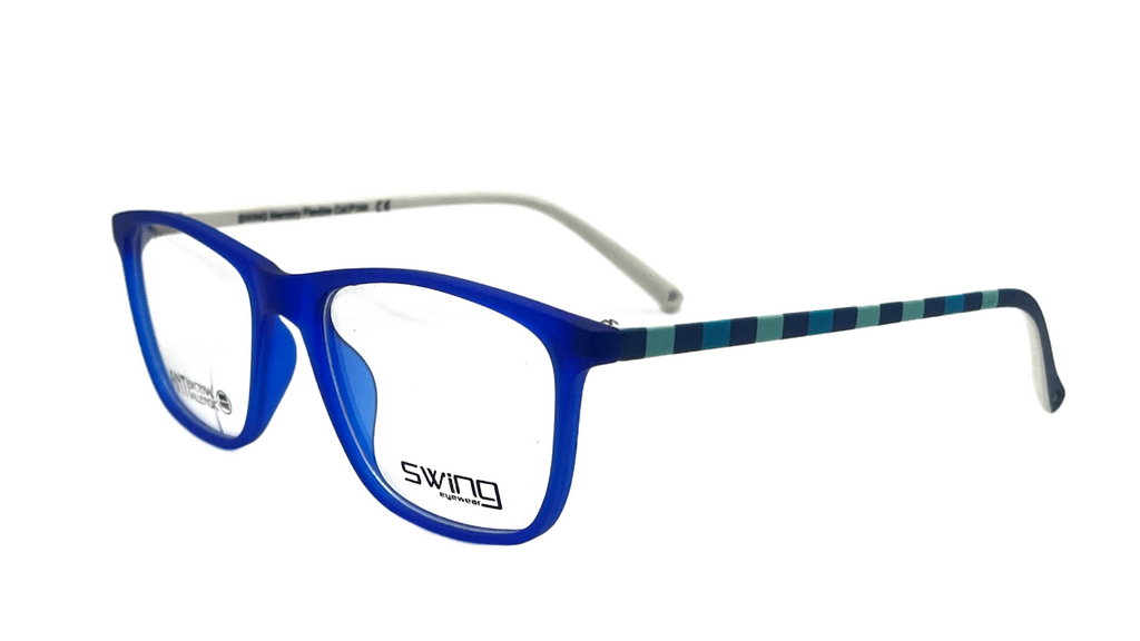 Blue square eyeglasses with clear lenses, featuring a white inner temple arm and a green and blue striped pattern on the outer temple arm. The brand name 'swing' is printed on the lower left corner of the lens.
