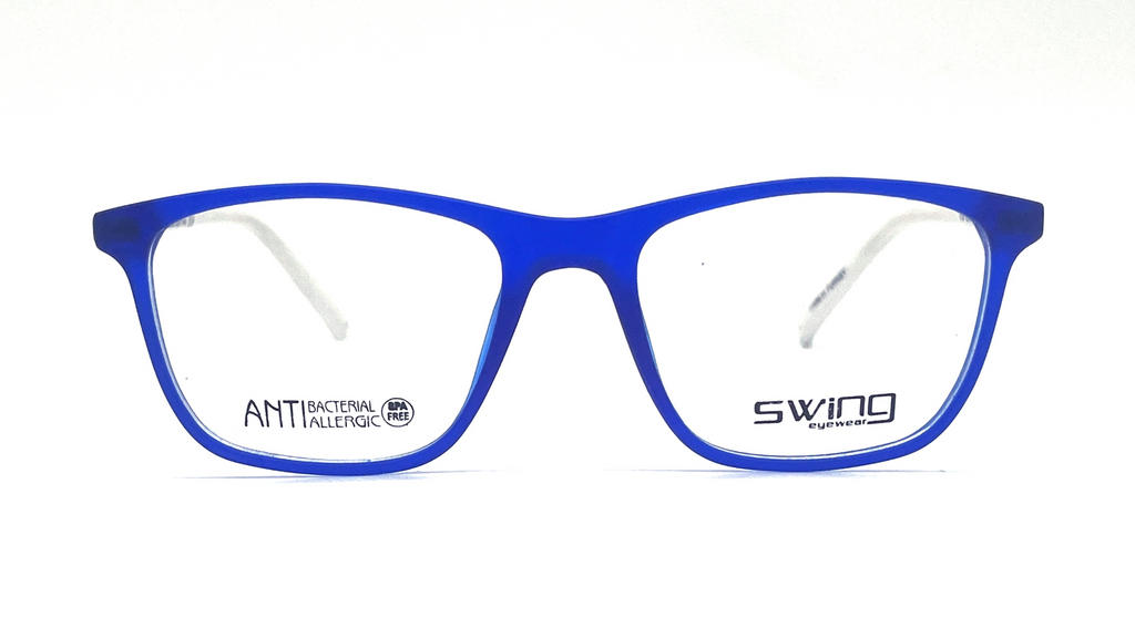 Blue acetate eyeglass frames with clear lenses, featuring the 'SWING' brand logo on the right lens and 'ANTI BACTERIAL PALLETOX' on the left lens, set against a plain white background.