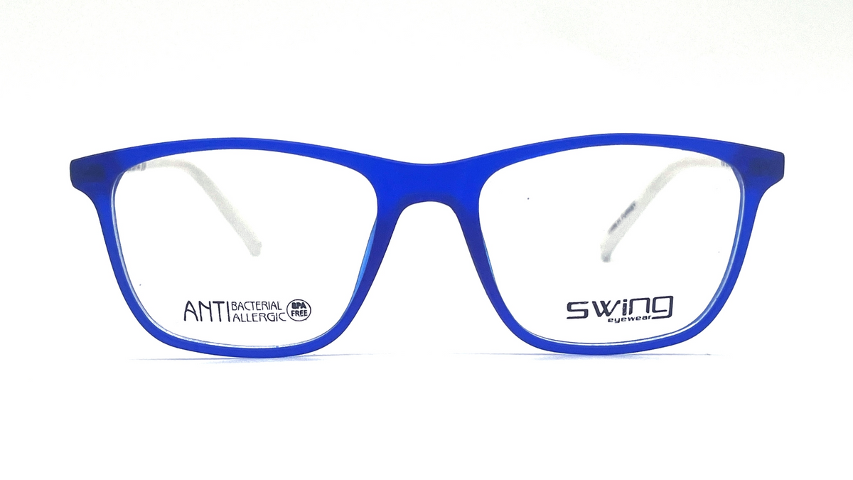 Blue acetate eyeglass frames with clear lenses, featuring the 'SWING' brand logo on the right lens and 'ANTI BACTERIAL PALLETOX' on the left lens, set against a plain white background.