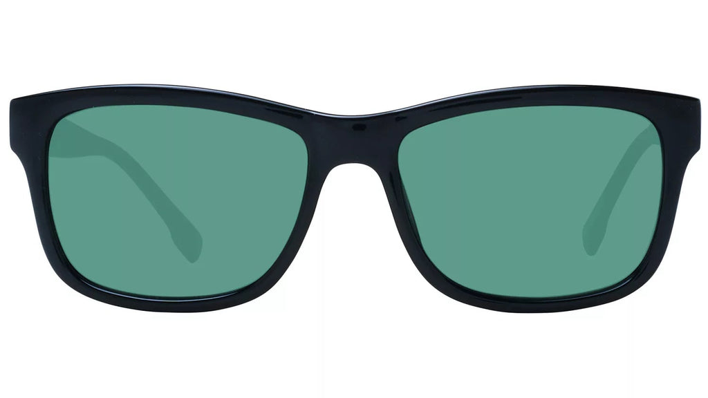 Rectangular sunglasses with a glossy black frame and green-tinted lenses, shown from a front-facing perspective on a solid white background.