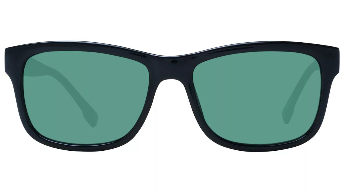 Rectangular sunglasses with a glossy black frame and green-tinted lenses, shown from a front-facing perspective on a solid white background.